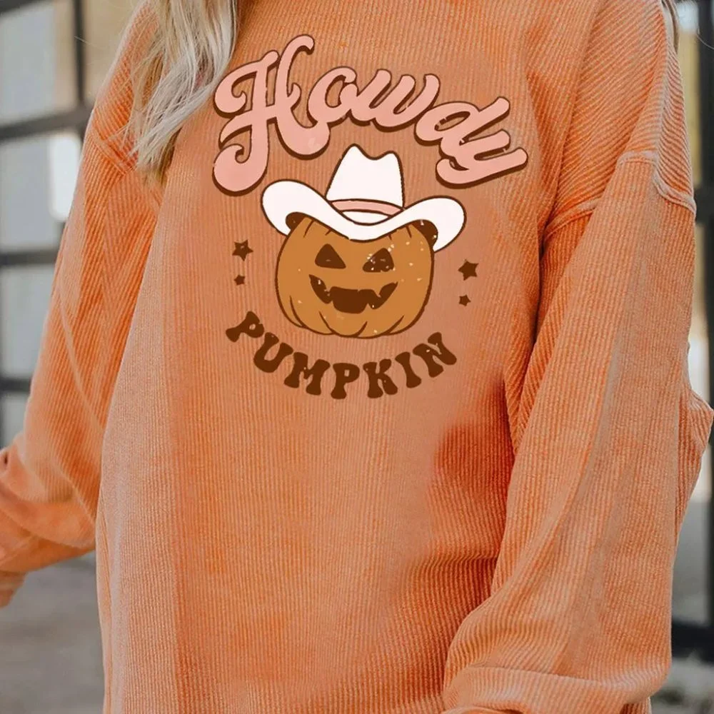Orange Howdy Pumpkin Halloween Graphic Corded Sweatshirt - Picture 4 of 8